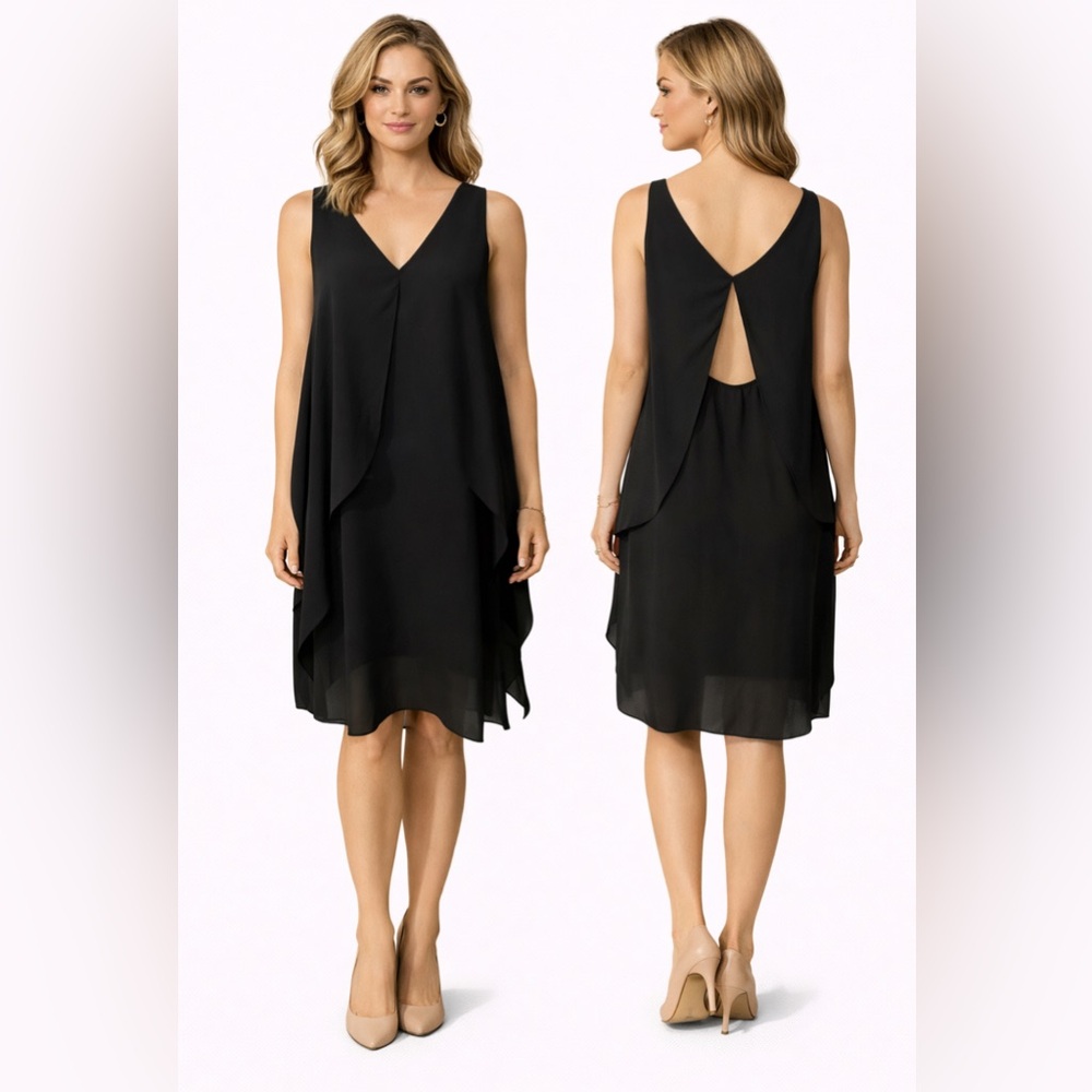 Chelsea28 Dress S Small Black Open Back Flowy Washable Faux Crepe Silk V NEW